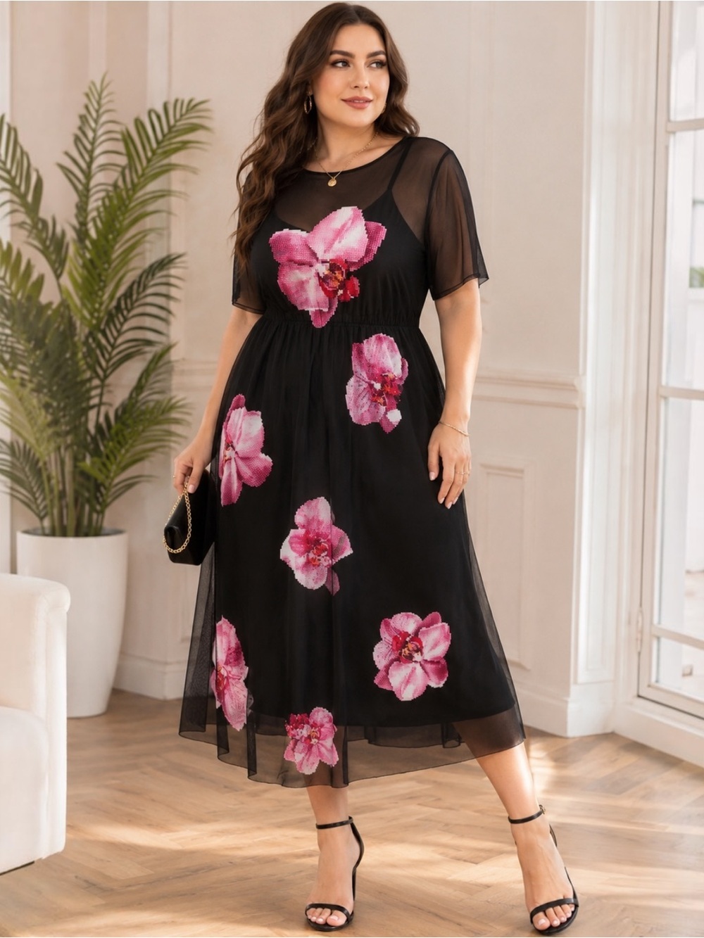 NWT BloomChic Black Mesh Overlay Orchid Print Midi Dress Plus Size 18/20
